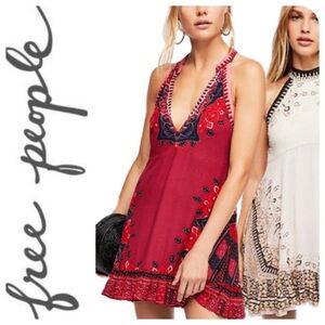 Free People Red Embroidered V-Neck Mini Dress